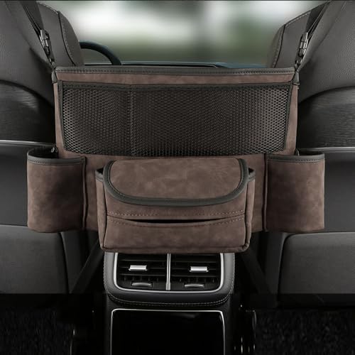 Car Handbag Holder Between Seats Car Organizer, Leather Large Capacity Car Purse Holder for Front Seat, Seat Back Net Bag Double-sided Tissue Storage Handbag Holder Car Divider (Brown) - color: Brown