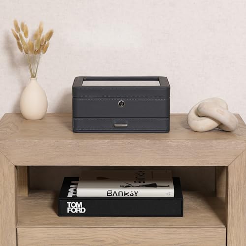 ROTHWELL 8 Slot Leather Watch Box with Valet Drawer - Luxury Case Display Jewelry Organizer, Locking Display Case Holder with Real Glass Top - Watch Box Organizer for Men & Women (Carbon) - color: 8 Slot - Carbon