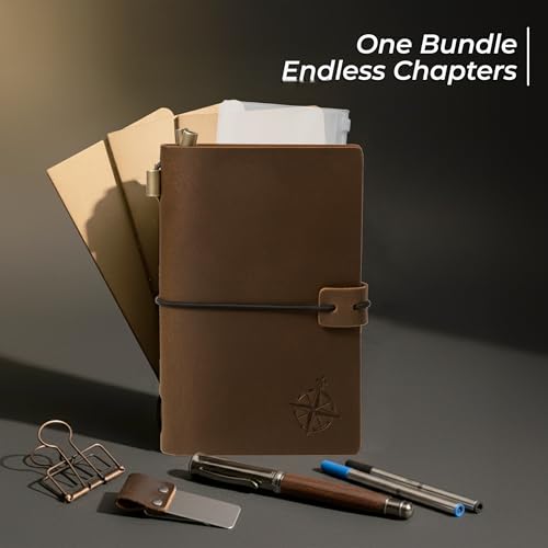 WANDERINGS Pocket Size Travelers Notebook Bundle – 4" x 5.1" (10 x 13cm) – Genuine Leather Journal with Pen Holder, Pen, 2 Ink Refills, PVC Folder & Binder Clip - size: Pocket