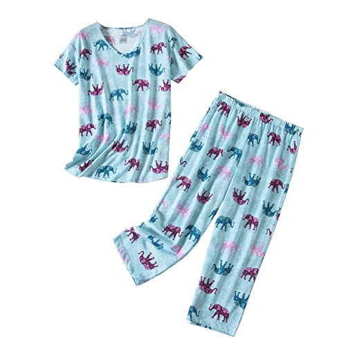PNAEONG Women Pajama Set Sleepwear Tops with Capri Pants Casual and Fun Prints Pajama Sets - color: Blue Elephant, size: Small