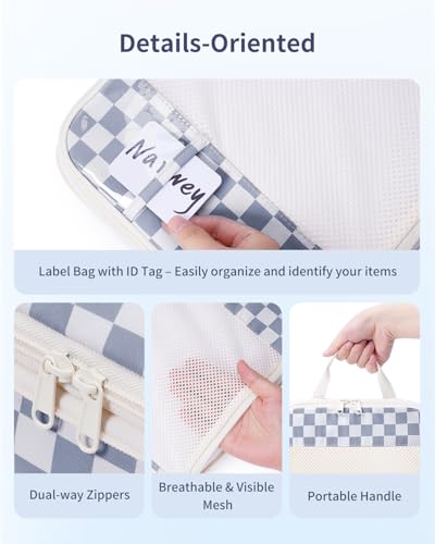 Narwey 6 Set Compression Packing Cubes for Travel Women Men, Travel Cubes for Carry On Suitcase, Durable Compression Luggage Organizer Bags - color: ZZ-Grayish Blue Checkerboard