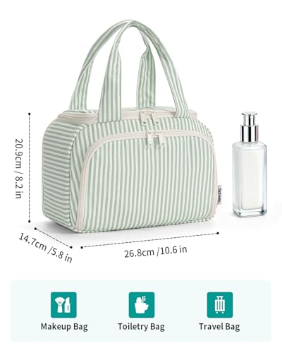 Narwey Striped Travel Toiletry Bag for Women Large Makeup Bag, Wide-open Cosmetic Make Up Organizer with Handle, Travel Bag for Toiletries, Essentials, Accessories (Mint Green Stripe) - color: Y-Mint Green Stripe