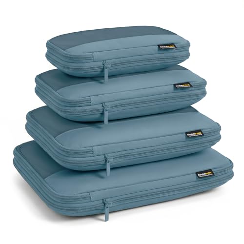4 Piece Compression Packing Cubes for 3–7 Day Travel, Gray Blue | Wrinkle-Resistant Memory Fabric, Breathable Mesh Panel, Double-Zipper, Small to Large Size Bag, Smart Organization - color: Gray Blue