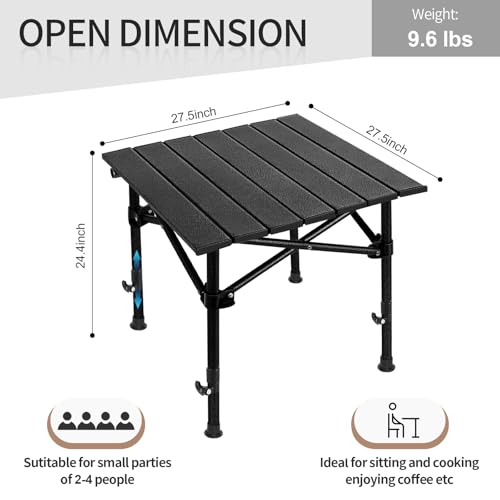 SHANQUAN Camping Table Roll up Table, Fold up Lightweight Compact 2-4 Person Portable Adjustable Height Roll up Aluminum Table with Carry Bag for Outdoor, Camping, Picnic, Backyards, BBQ - size: 27.6*27.6 inch/Adjustable