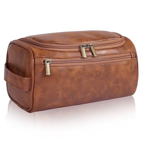 Toiletry Bag for Men, Hanging Travel Shaving Dopp Kit for Men and Women, Water-resistant Toiletries Organizer Bags, PU Leather Cosmetic Bags for Makeup Accessories (Light Brown) - color: Light Brown