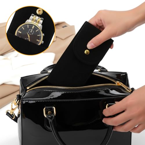 12Pcs Velvet Watch Pouch – Portable Fleece Watch Travel Case, Single Storage Bag with Snap Button & Pre-Cut Gaskets, Soft Jewelry Organizer for Men Women, Black