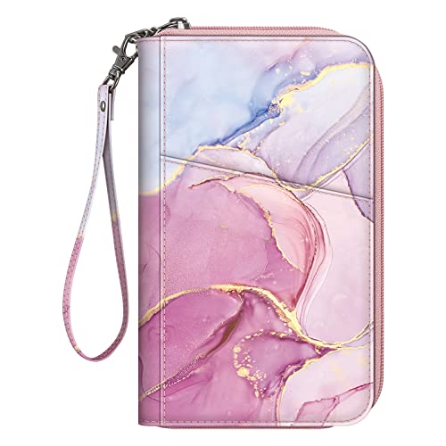 Fintie Family Passport Holder Wallet, RFID Blocking Travel Document Organizer Clutch Bag Credit Cards Case Cover for Women Men - color: Marble Pink