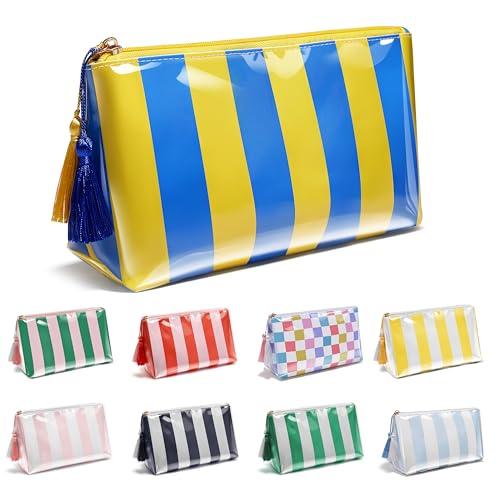 Waterproof Makeup Bag, Large Clear Coated Cosmetic Bags for Women Girls, Travel Makeup Bag for Purse Organizer Zipper Pouch Beach Summer Vacation Essentials Gifts for Women - color: Blue+Yellow Striped, size: Small(9.84in*4.33in*5.91in)