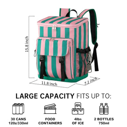 DYSHAYEN Cooler Backpack,Lightweight Backpack Cooler Insulated Leak Proof,30 Cans Soft Cooler Bag for Beach,Camping,Beach,Picnic,Lunch - color: Green and Pink Stripe