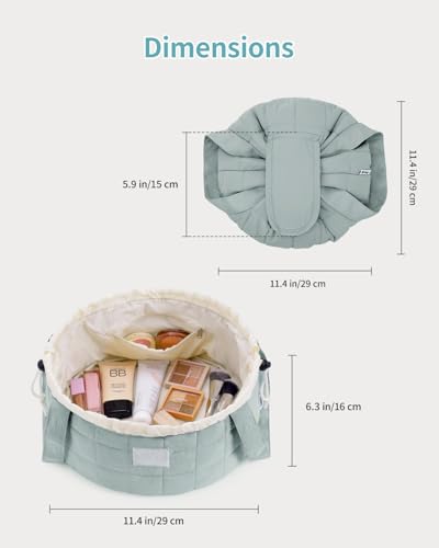 Narwey Lay Flat Open Drawstring Puffer Makeup Bag, Large Quilted Cosmetic Bag for Women Girls, Cute Make up Bags with Handle, Travel Toiletry Bag for Skincare, Brushes & Travel Essentials (Sage Green) - color: B-Quilted Sage Green