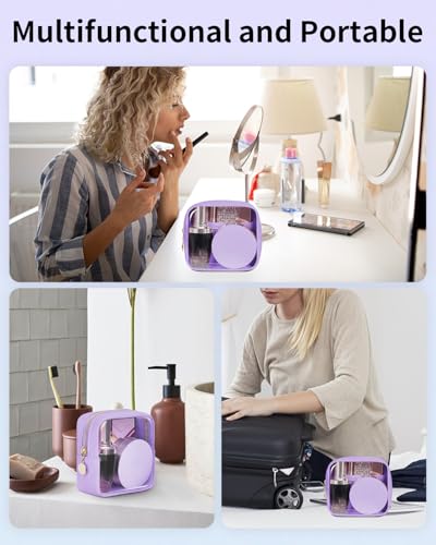 Wandering Nature Clear Makeup Bag for Purse Mini Make up Bag Cute Cosmetic Pouch for Women with Slip-in Pockets Travel Toiletry Essentials Vegan Leather Organizer Pouch,Patent Pending - color: Purple