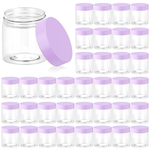 Eternal Moment 36 Pack 4 OZ Plastic Jars Round Clear Cosmetic Container Jars with Purple Lids, Perfect for Lotion, Slime，Cream, Ointments, Makeup, Eye Shadow, Samples, Pot, Travel Storage - color: Purple Lid, size: 4 Ounce