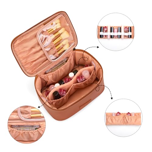 Montana West X Wrangler Travel Makeup Bag 2pcs Set Large Cosmetic Bag with Makeup Brush Holder Portable Make Up Organizer Cute Toiletry Bag with Divider and Handle for Women - color: Light Brown