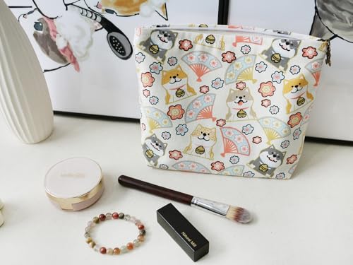 HAPPYHEIDI Canvas Pouch for Travel, Makeup Bag Case, Creamy White Dogs, Cotton, Animal Print, Zipper Closure, 7.1x2.4x7 Inches - color: GR-Canvas-Creamy White Dogs