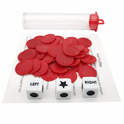 Ahoper Left Right Center Dice Game Prime Set Bundle with 3 Dices + 36 Chips. Round Tube Storage is Very Convenient for Travel. Easy to Store, Carry Around. (Red) - color: Red