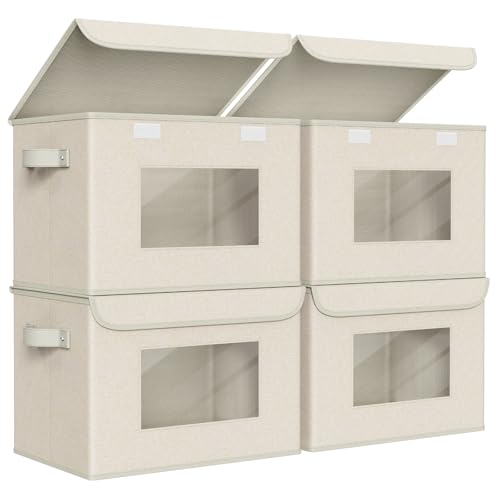 Univivi Collapsible Stackable Storage Bins with Lids [4-Pack] Foldable Fabric Closet Organizer Basket, Closet Organizers and Storage Cube Storage Bin for Home, Office, Bedroom (Beige, 17“ x 12” x 12") - color: Beige Pattern, size: 17''-4 Pack
