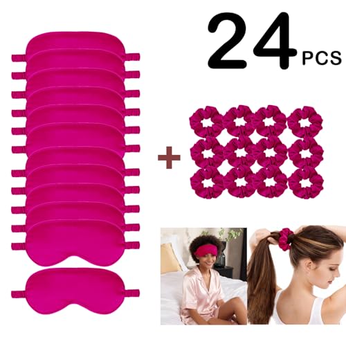 24Pcs Satin Eye Mask Silk Sleep Masks Silky Eyes Cover Blackout Blindfold Eyeshade Scrunchies Hair Ties Travel Wedding Gift - color: Hot Pink