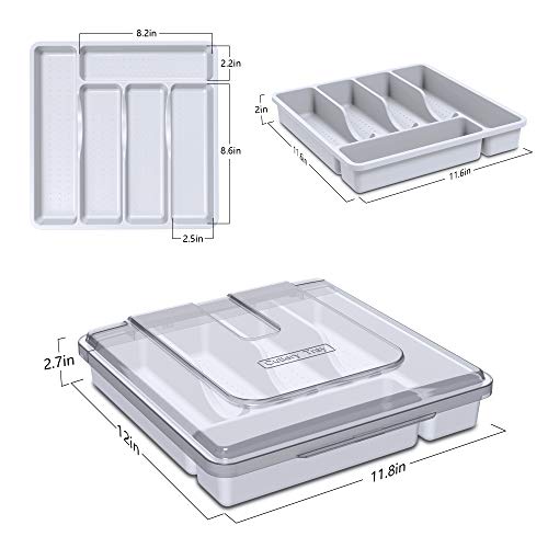 Utensil Holder for Countertop with Lid, Plastic Silverware Tray for Drawer, 5 Compartments Flatware Organizer, White - color: White