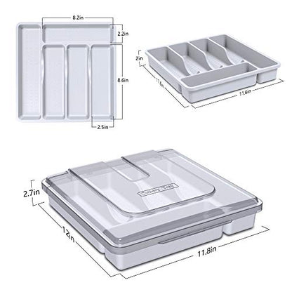 Utensil Holder for Countertop with Lid, Plastic Silverware Tray for Drawer, 5 Compartments Flatware Organizer, White - color: White