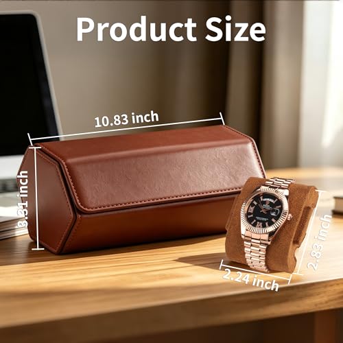 Leather Watch Roll for 2 Watches - Velvet-Lined Travel Case, Luxury Watch Rolls Organizer with Storage & Display for Men (3 Slot-Brown) - color: 3 Slot-Brown