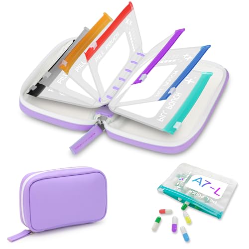 Timueetech A7 Waterproof Pill Organizer with 7 PCS L Size Zippered Pill Pouches for A7 Binder, Large BPA-Free Weekly Medicine Organizer, Color-Coded Reusable Travel Pill Storage System - color: Purple