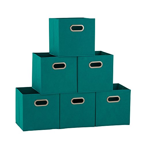 Household Essentials Fabric Storage Cubes 6 Pack – 11x11x11 Foldable Non-Woven Bins with Chipboard Sides & Grommet Handles – Stackable Cube Organizer for Closet, Nursery, Shelf, or Office – Aqua - color: Teal, size: 11” L x 11” W x 11” H
