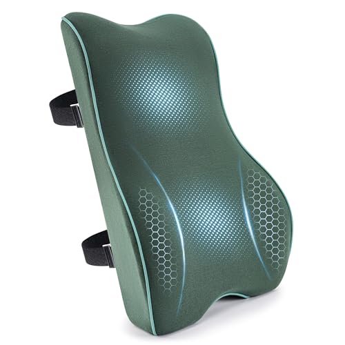 Plush & Comfortable Memory Foam Lumbar Support Pillow - Soft Back Cushion for Office Chair, Car Seat, Gaming Chair - Ergonomic Lower Back Pain Relief with Adjustable Straps & Washable Cover-Dark Green - color: Dark Green