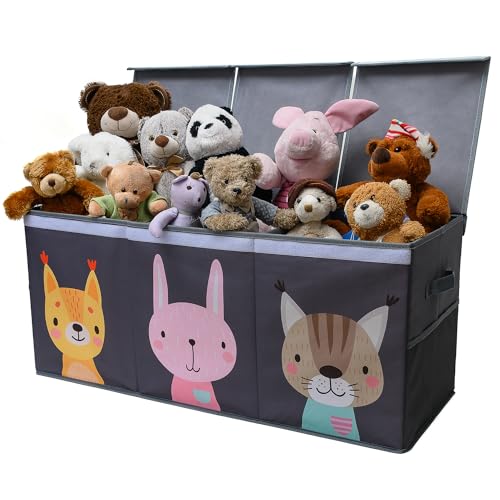 SoftOwl Extra Large Toy Storage Organizer with Lid - Sturdy, Collapsible Toy Chest Storage Box with Cute Design - Toys Bin with Dividers for Kids, Boys, Girls, Nursery, Bedroom, Play room 37"x16"x14" - color: Animals - Gray