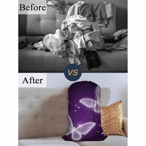 Swono Purple Butterfly Laundry Bags 28" x 40", Magic Flying Animal Sparkle Laundry Hamper Basket, Versatile - Multi Use, Oxford Cloth - color: Purple Butterfly