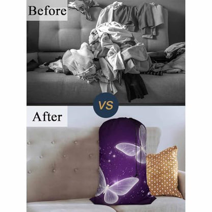 Swono Purple Butterfly Laundry Bags 28" x 40", Magic Flying Animal Sparkle Laundry Hamper Basket, Versatile - Multi Use, Oxford Cloth - color: Purple Butterfly