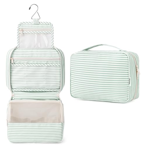 Narwey Small Hanging Travel Toiletry Bag for Women, Travel Bag for Toiletries, Makeup Bag Organizer Cosmetic Bags Make Up Bags for Girls - color: ZB-Mint Green Stripe
