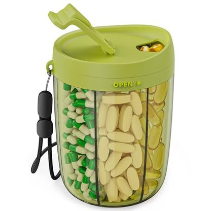 PULIV Large Pill Bottle Organizer, Supplement Organizer for Holding 6 Various Vitamins, Pill Box Case with Anti-Mixing & Wide Opening Design, Easy to Retrieve Meds and 20 Pcs Stick-on Labels, Green - color: Green