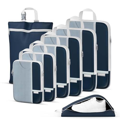 Percover Compression Packing Cubes for Travel, 8-Piece Structured Compression Organizer Set with Laundry Bag & Shoe Bag for Carry-On & Checked Luggage, Navy Blue - color: Navy Blue, size: 8 Set