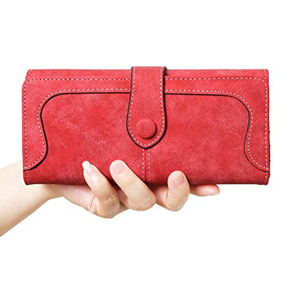 Women's Vegan Leather 17 Card Slots Card Holder Long Big Bifold Wallet - color: Red