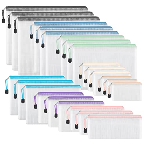 EOOUT 24pcs Mesh Zipper Pouch, Waterproof Zipper Bags, 8 Sizes Plastic Travel Pouch, 8 Colors, Multipurpose for Office Supplies and Travel Storage - style: Multicolor-24pcs