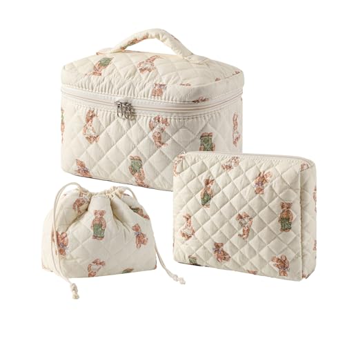 3pcs Large Cotton Quilted Makeup Bag Set,Coquette Aesthetic Cute Travel Toiletry Bag,Drawstring Gift Bag for Women and Girls(3Pcs White Bear) - color: 3Pcs White Bear
