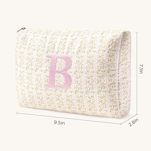 HBselect Initial Quilted Makeup Bag, Pink Cosmetic Travel Toiletry Bag, Flowers Coquette Zipper Make Up Pouch Organizer Teen Girl Gift Trendy Stuff B - color: 1Pc Medium Pinkflower, style: B