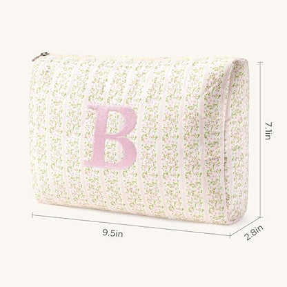 HBselect Initial Quilted Makeup Bag, Pink Cosmetic Travel Toiletry Bag, Flowers Coquette Zipper Make Up Pouch Organizer Teen Girl Gift Trendy Stuff B - color: 1Pc Medium Pinkflower, style: B