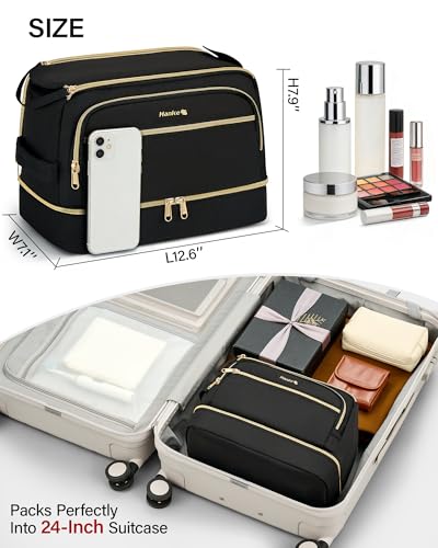Hanke Travel Toiletry Bag, Lightweight Wide-open Makeup Bag, Dual-Layer Travel Bag for Toiletries Water-Resistant Cosmetic Bags Large Toiletry Bags for Women & Men, Travel Essentials, Black - color: Black