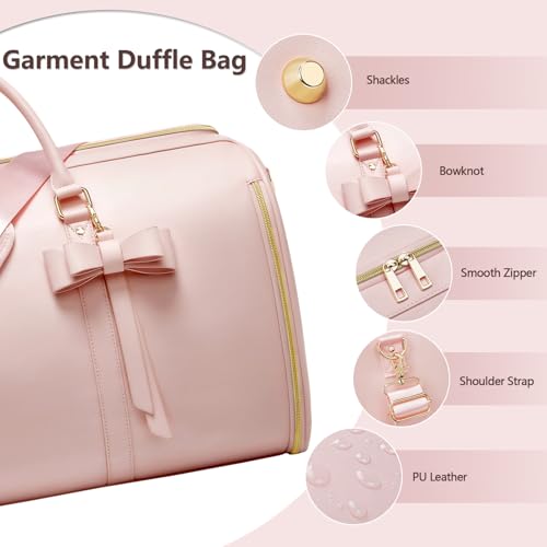 Garment Bags for Travel, Convertible Suit Travel Bag for Women, Fashion & Cute Carry On Garment Bag w/Shoes Pouch, 2 in 1 Foldable PU Leather Hanging Duffle Bag, Single-Zipper Design, Pink - color: Light Pink