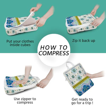6 Pcs Compression Packing Cubes Waterproof Suitcase Travel Bag Luggage Backpack Organizer Travel Cubes for Packing-Pink and Green Bohemian - color: Green Bohemian