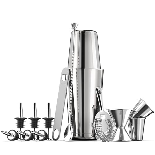 FineDine Cocktail Shaker Set with Travel Bag - Stainless Steel Shaker Set Bartender Kit - Mixology Bartender Kit - Strainer, Muddler, Jigger, Bar Spoon, Bottle Opener, Pour Spouts - Bar Set (14 Piece) - size: 14 Piece