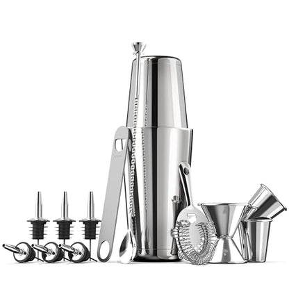 FineDine Cocktail Shaker Set with Travel Bag - Stainless Steel Shaker Set Bartender Kit - Mixology Bartender Kit - Strainer, Muddler, Jigger, Bar Spoon, Bottle Opener, Pour Spouts - Bar Set (14 Piece) - size: 14 Piece