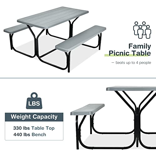 COSTWAY Outdoor Picnic Table, HDPE Plastic Picnic Table Bench Set with Weather Resistant Tabletop & Wood Texture, Ideal for Patio, Backyard (59" D x 54" W x 28.5" H,Grey) - color: Grey
