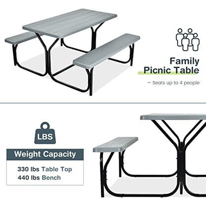 S AFSTAR Picnic Table Bench Set, 59” Expanded Rectangular Picnic Table, Outdoor Table and Bench with Steel Frame & Wood-Like Texture Tabletop, Camping Table Chair Set for Garden Lawn Deck (Gray) - color: Grey