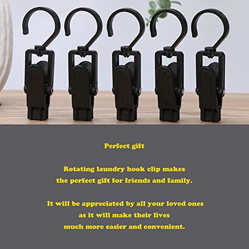 Rotating Laundry Hook Clip,Plastic Clothes Swivel Hanger,Multipurpose Anti-skid Clothespin,Hat/Cap/Socks/Scarf Hanging Organizer,Heavy Duty/Windproof/Black Drying Clamp,Wardrobe Organizing Tool(10pcs)