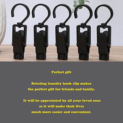 Rotating Laundry Hook Clip,Plastic Clothes Swivel Hanger,Multipurpose Anti-skid Clothespin,Hat/Cap/Socks/Scarf Hanging Organizer,Heavy Duty/Windproof/Black Drying Clamp,Wardrobe Organizing Tool(10pcs)