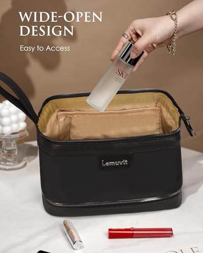 Double-Layer Toiletry Bag, Water-Resistant Hybrid Leather Cosmetic Organizer with Wet/Dry Compartments, 26x15x16cm (Black, Double layer) - color: Black