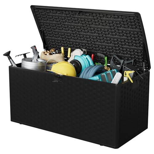 Garvee 100 gal Outdoor Storage Box, Lockable Plastic Deck Box with Lid, Waterproof & UV-Resistant Storage Bin for Patio Cushions, Garden Tools & Pool Accessories, Black - color: Black, size: 100 Gal