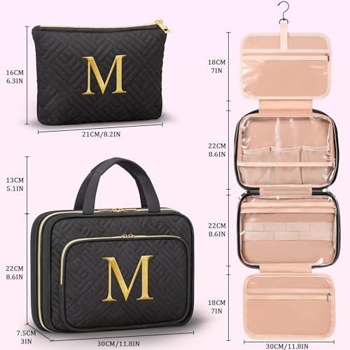 Gifts for Women, Initial Toiletry Makeup Bag Hanging Cosmetic Organizer with Embroidery Letter Personalized Nurse Teacher Appreciation Birthday Mothers Day Gifts for Mom Sister Wife Friends Auntie Her - style: M
